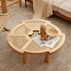 Tavolo da Tè in Legno Massello e Rattan Stile Wabi-Sabi Giapponese, Design Creativo e Moderno per Piccoli Appartamenti e Sale da Pranzo - Product Image 2