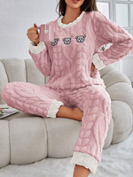 Pyjama d'hiver thermique en flanelle pour femme, 100 % polyester, 220 g, uni, ODM, avec cordon de serrage, col lisse, tricot doux, taille mi-haute, long