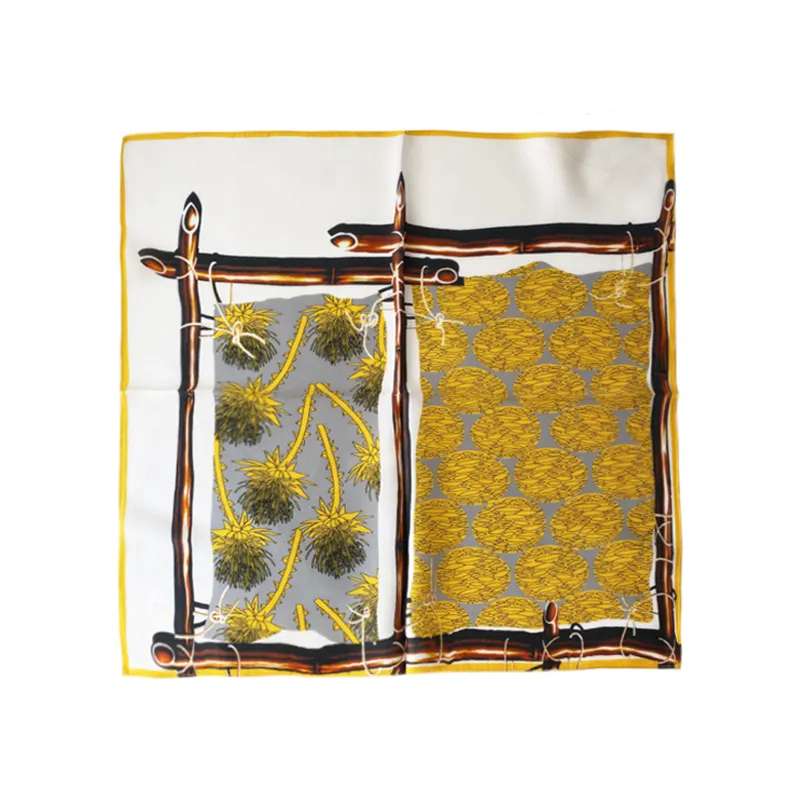 Sangliカスタマイズされたヴィンテージパターンの女性黄色の正方形のスカーフシルクロゴ付き