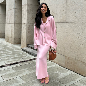 Ensemble Pull Blubelle 2025 Élégant <span class=keywords><strong>Femme</strong></span> <span class=keywords><strong>Chic</strong></span> d'Été Tricoté Uni, Cardigan Décontracté à Manches Longues, Caraco et Jupe Longueur Cheville - Product Image 1