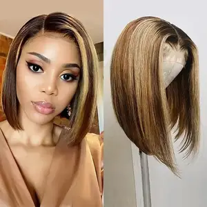 Peluca de cabello humano liso con cierre frontal, pelo corto sin pegamento, con encaje HD, muy doble hueso, color brillante