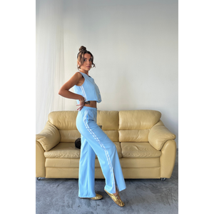 Conjunto de pantalones y chaleco corto azul con rayas laterales y detalle de abertura en el bajo para mujer, talla S - Product Image 3