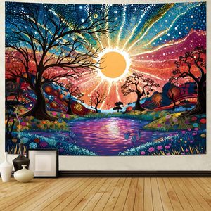 Colorido cielo estrellado Hippie naturaleza paisaje pared arte colgante Stock-árbol vida tapiz Trippy sol bosque Halloween tapiz pared - Product Image 3