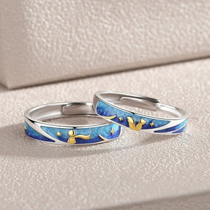 2 pz/set Color argento <span class=keywords><strong>il</strong></span> piccolo <span class=keywords><strong>principe</strong></span> e volpe coppia anelli regolabile anello regalo di anniversario per le donne uomini gioielli - Product Image 1