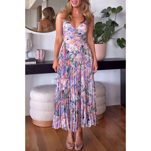 Nuovo Stile Abito da Spiaggia per le Vacanze con Scollo a V, Stampa Floreale, Senza Maniche, Plissettato, Abito <span class=keywords><strong>Midi</strong></span> alla Moda con Lacci - Product Image 5