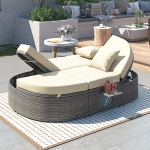 Modern Outdoor Sun <b>Bed</b> Patio 2-Person Daybed Cushions Pillows <b>Rattan</b> Iron <b>Frame</b> Garden Reclining Chaise Lounge Adjustable - Product Image 2