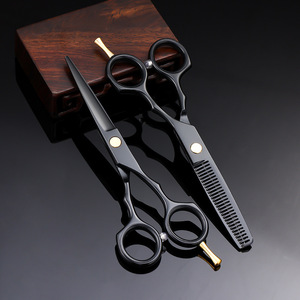Black Hairdressing Scissors 5.5 Inch 6CR Flat Shears Thinning Shears Bangs Trimmers Hair Styling Tool Set - Product Image 2
