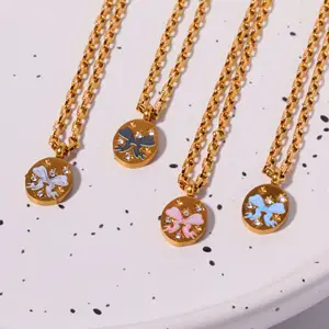 2024 Wholesale Vintage French Titanium Steel Flower Necklace Colorful Enameled Sweater Gold Plated Necklace For Women