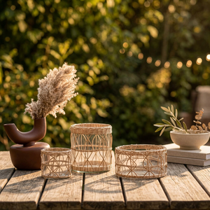 Juego de 3 Macetas de Vidrio Envueltas en Ratán, Macetas de Metal con Diseño Zen Asiático, Decoración de Mesa para Interiores del Hogar - Product Image 3
