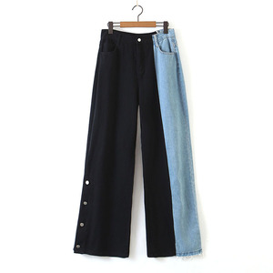 Happy Hut Jeans à jambes larges pour femmes, grande taille, patchwork coloré, noir et bleu, en coton N7732 - Product Image 5