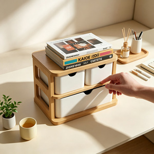 Bamboo Fiber Double Layer Desktop Storage <b>Box</b> With Drawers Cosmetic Organizer For <b>Makeup</b> And Office Supplies - Product Image 1
