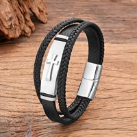 Bracelet croisé en cuir véritable multicouche pour homme, design vintage, acier inoxydable plaqué or 18 carats, logo gravé, boucle magnétique