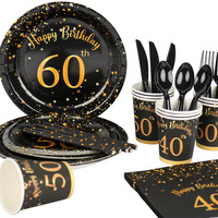 Ensemble de vaisselle jetable pour anniversaire 40, 50, 60 ans, noir et or, assiettes en papier, gobelets, serviettes, nappe, fournitures pour fête d'anniversaire pour adultes