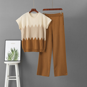 Fashion Summer Suit Contrast Color Quarter Sleeve Pullover <b>Knitted</b> Top Slim Wide Leg Pants Trousers Blouses Two-Piece <b>Knit</b> <b>Set</b> - Product Image 6
