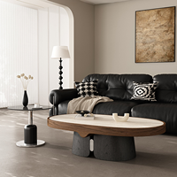 Ensemble de table basse ovale de luxe moderne, plateau en pierre frittée travertin, base en placage de bois noir, table d'appoint en verre, meubles de salon