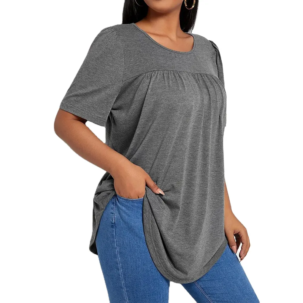 プラスサイズ快適な女性女性無地グレーOネックパフバブルハーフスリーブロングラインスウェットスポーティショートトップペプラムTシャツTシャツ