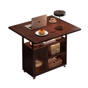 Table pliante moderne en bois avec bordure décorative, petite table à thé domestique multifonctionnelle sur roulettes pour appartement - Product Image 5