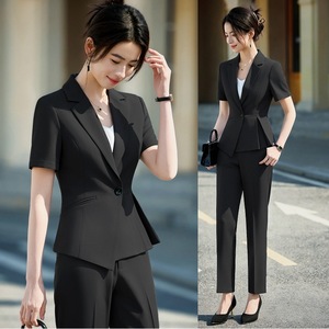 Women's <b>Black</b> Suit Set Short Sleeve Summer Formal Wear Breathable Polyester Fabric Office <b>Work</b> Uniform - Product Image 1