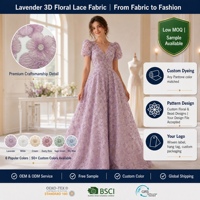 Tissu en polyester 100% ripstop à dentelle florale 3D, lavande, orné de perles d'organza plissées, pour robe de soirée femme