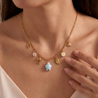 Collier en acier inoxydable plaqué or 18 carats, résistant au ternissement, avec breloques tortue, dauphin, corail et fleur bleu océan, bijoux côtiers sirène Kawaii