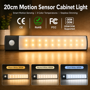 Cabinet <b>Light</b> <b>LED</b> 20cm <b>Motion</b> <b>Sensor</b> Stepless Dimming Rechargeable Magnetic Installation 3 Color Temperatures Touch Switch - Product Image 1