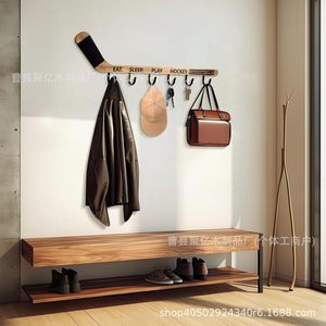 Wooden Hockey Stick Wall Mounted Coat Rack With <b>Hooks</b> For Kitchen Towel Storage - Product Image 2