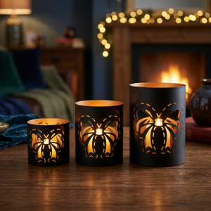 Sonnet Decor Porte-bougies cylindriques en fer noir faits à la main avec découpes de papillons, résistants à la chaleur, décoration d'intérieur, lot de 3 - Product Image 1