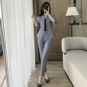 Women's Professional Suit Set Gray Polyester Three Quarter Sleeve Anti-Wrinkle Formal <b>Work</b> Wear For Office Business Commuting - Product Image 1