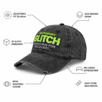 Casquette de baseball en jean vieilli avec broderie personnalisée effet glitch, gris délavé, visière courbée, style vintage, streetwear OEM