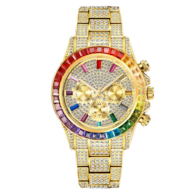 Luxury Chronograph Japan Quartz Rainbow Diamond Watches Men Wrist Gold Bling Hip Hop Iced Out Watch