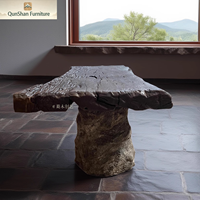 Table à thé et à dîner en pierre et marbre d'inspiration zen Wabi-Sabi rétro avec design antique, table basse et chaises, meubles pour la maison