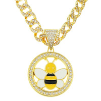 Collier unisexe Hip Hop Bling avec pendentif abeille de dessin animé, pendentif abeille creuse en zircon étincelant avec chaîne cubaine glacée