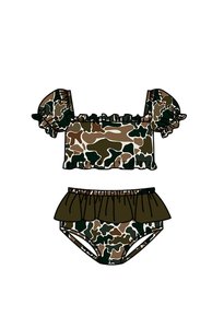 Traje de Baño Infantil Personalizado de Primavera/Otoño, Estampado de Camuflaje, Transpirable, de Algodón y Elastano, con Volantes, Ropa a Juego para Hermanas - Product Image 2