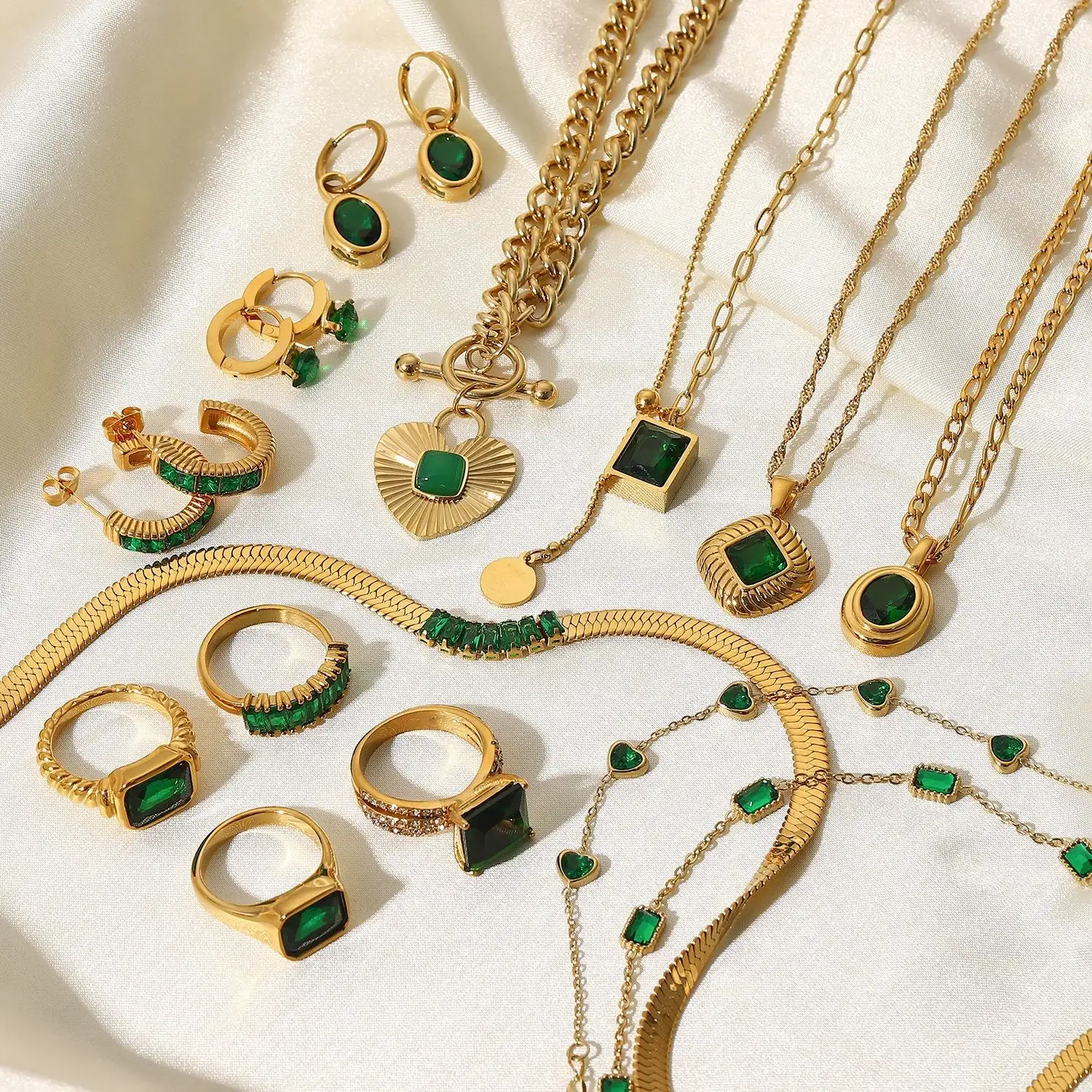 Lefeng Natural Smaragd Drop Hoepel Oorbellen Ringen Verguld Malachiet Ketting Rvs Mode Sieraden Sets Voor Vrouwen