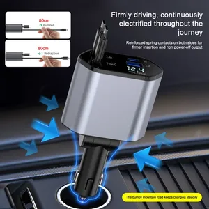 ที่ชาร์จโทรศัพท์ในรถยนต์ 4 in 1 120W Type C 66W+2.4A สายชาร์จแบบยืดหดได้ พร้อมหน้าจอแสดงแรงดันไฟฟ้า สำหรับ iPhone Huawei Samsung - Product Image 5