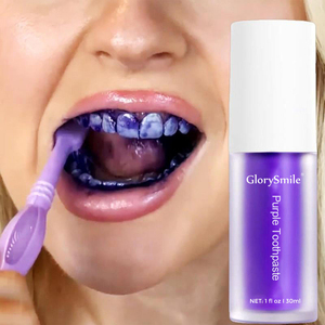 Logotipo personalizado Glorysmile V34 Pasta de dientes púrpura Brillo instantáneo Suero blanqueador de dientes Aliento fresco Pasta de dientes 30ml - Product Image 1
