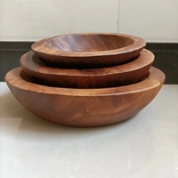 Groothandel duurzame premium natuurlijke massief houten verdikte ronde serveerschaalset voor fruitsalade, snacks, thuis en hotel