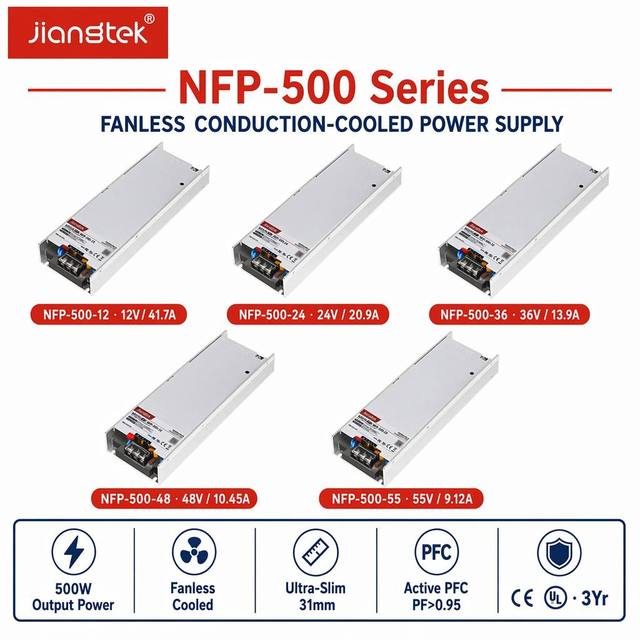 Jiangtek NFP-500 500W 12V 24V 36V 48V PFC 93% Efficiency Remote ON/OFF  Constant Voltage AC DC Industrial Power Supply PSU