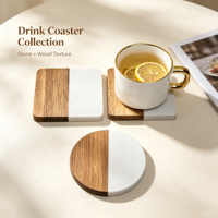 Ensemble de sous-verres en bois d'acacia marbré, ronds et carrés, résistants à la chaleur, avec support de rangement en option, pour la maison ou comme cadeau