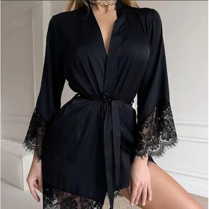Nouveaux pyjamas sexy en dentelle de soie artificielle, style européen et américain, à manches longues, vêtements de détente, simples, confortables, décontractés - Product Image 2