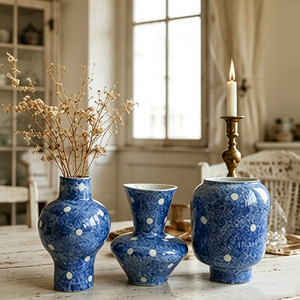 Speckled Cobalt Blue White Polka Dot Assorted Shapes Ceramic Vase Set Vintage <strong>Cottage</strong> Table Decor Vase - Product Image 2