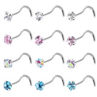 Piercing de nez en acier inoxydable, barre droite, barre en L, barre à 5 branches, zircon coloré, bijou de nez, cœur, étoile à cinq branches, accessoire de piercing