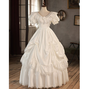 Robe de mariée florale légère, style antique français rétro, en <span class=keywords><strong>satin</strong></span>, coupe princesse, longueur ras du sol, manches bouffantes, col en V - Product Image 1
