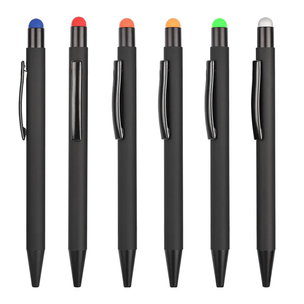 कस्टम लोगो मैट ब्लैक मेटल बॉलपॉइंट पेन कलर फुल स्टाइलस प्रिंटिंग स्टाइलस प्रमोशनल टच मेटल बॉल पेन के साथ