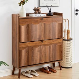 HANYEE Scarpiera Moderna in Noce Scanalato con Dispositivo Anti-Ribaltamento, 2 Cassetti Ribaltabili, Ripiani Regolabili, Mobile Contenitore Salvaspazio per Ingresso Stretto - Product Image 1