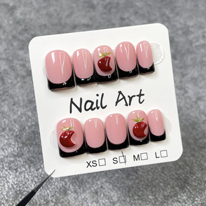 Faux ongles press-on faits main, style simple <span class=keywords><strong>et</strong></span> élégant, <span class=keywords><strong>manucure</strong></span> française, color block <span class=keywords><strong>noir</strong></span> <span class=keywords><strong>et</strong></span> <span class=keywords><strong>rose</strong></span>, art des ongles 3D peint à la main avec fruits, 10 pièces - Product Image 2
