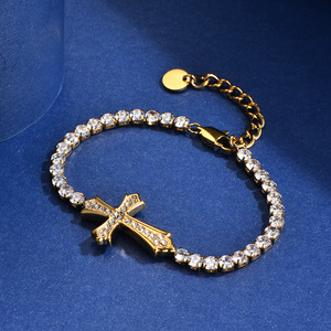 Pulsera de Acero Inoxidable con Incrustaciones de Circonitas en Forma de Cruz, para Hombre y Mujer, a la Moda, Combinable con Todo, de Acero de Titanio Chapado en Oro - Product Image 5