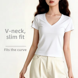 <span class=keywords><strong>Camiseta</strong></span> de Algodón para <span class=keywords><strong>Mujer</strong></span>, Hombros Descubiertos, Cuello en V, Elástica, Ajustada, Color Sólido, Manga Corta, Estilo Casual de Verano, Transpirable y Suave - Product Image 3