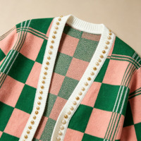 Ensemble 2 pièces pour femmes, tenues d'automne et d'hiver, pulls en tricot jacquard à carreaux rose et vert, cardigan long à ouverture sur le devant avec perles