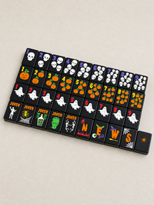 Ensemble de Mahjong de Luxe <span class=keywords><strong>Noir</strong></span> Mat Halloween 166 Tuiles avec Motifs Araignée <span class=keywords><strong>Orange</strong></span>, Crâne, Crak, Fantôme, Bam, Sac en Velours, Cadeau - Product Image 2